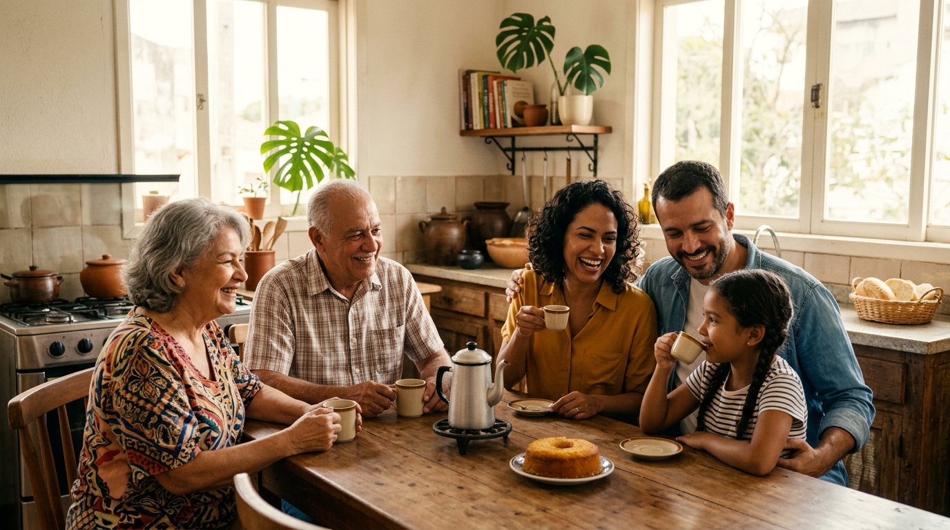 Família multigeracional reunida em harmonia com planejamento sucessório e seguro de vida