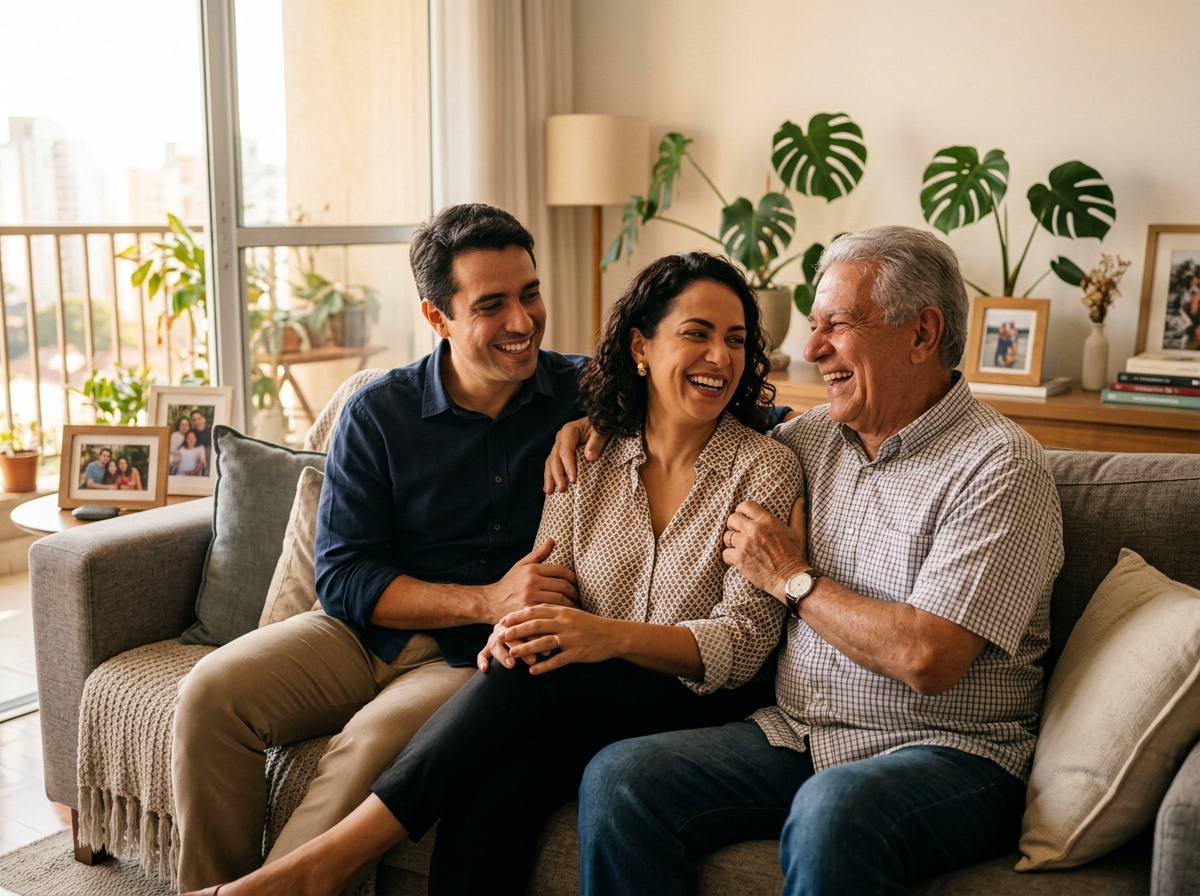 Seguro de Vida Familiar e Individual com Benefícios em Vida Família com pais e filhos sorrindo e protegidos pelo Seguro de Vida da Confie Seguros